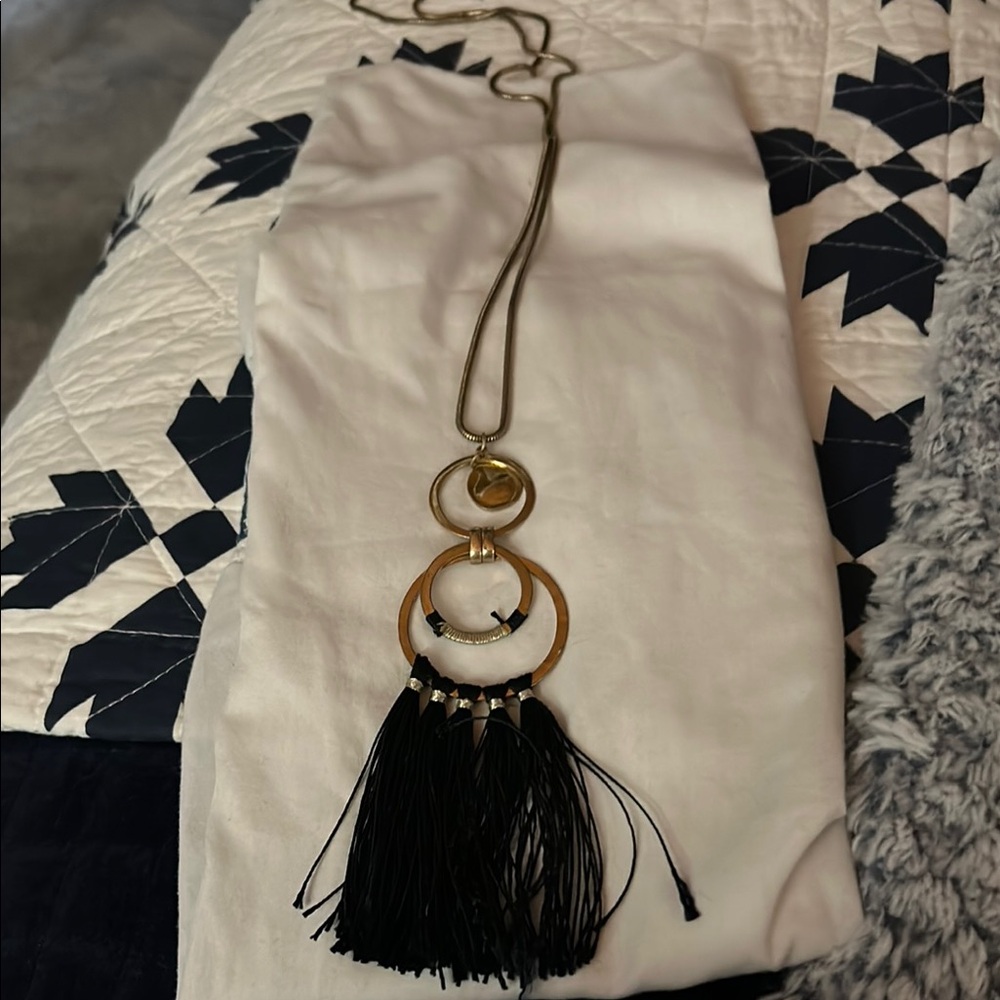 Elegant Navy and Gold Tassel Necklace